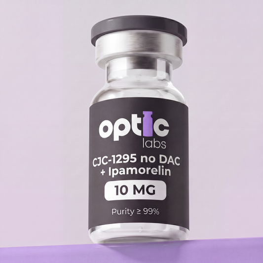 A vial of Optic Labs CJC-1295 no DAC + Ipamorelin 10mg stands against a light purple background, emphasizing its role in growth hormone release. Optic Labs Au