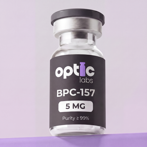 A clear vial labeled Optic Labs BPC-157 5mg/10mg, with a black label featuring white and purple text, stands upright against a soft purple background, highlighting this high-purity, lab-tested peptide. Optic Labs Au