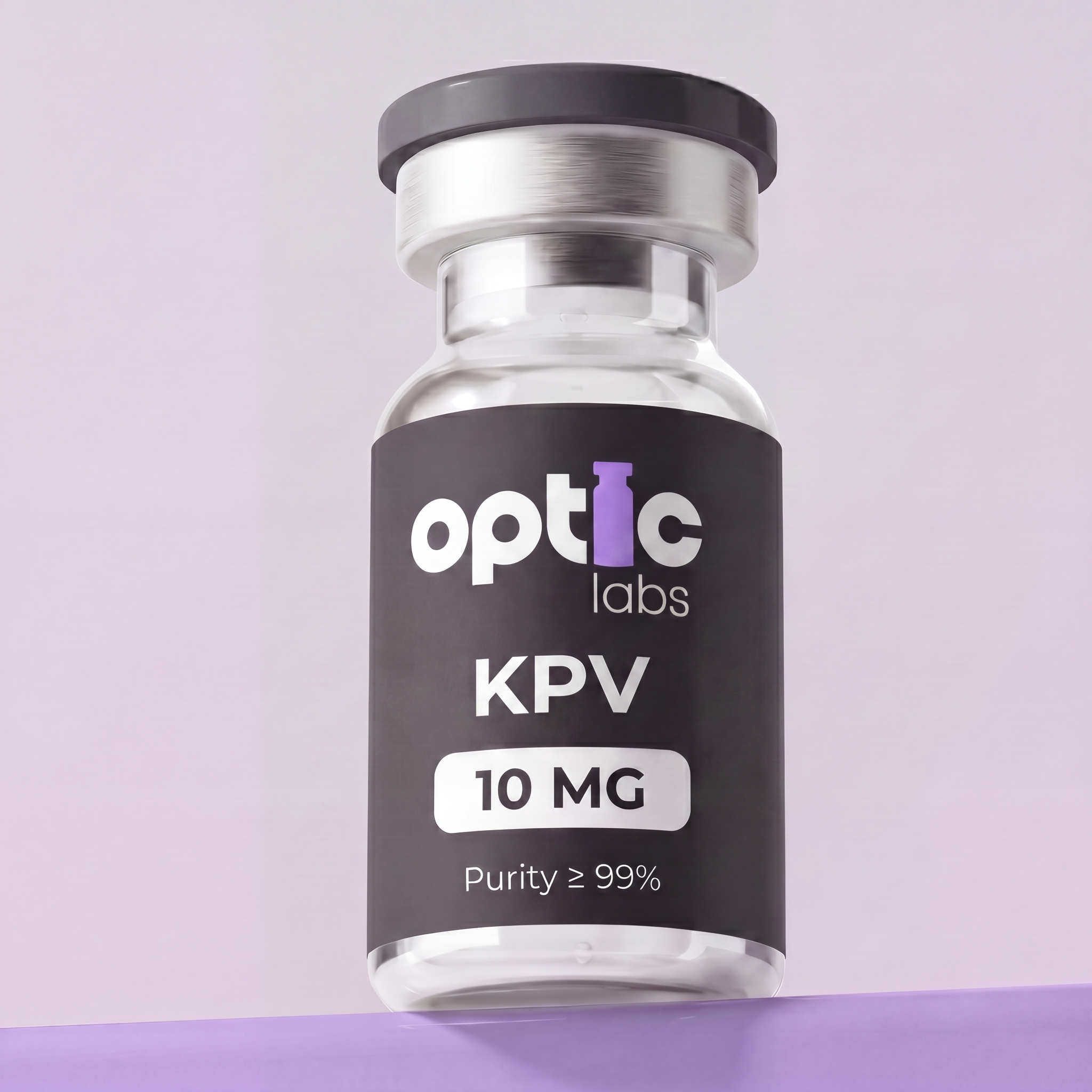 A clear vial of Optic Labs KPV 10mg with a black label (Purity ≥ 99%) rests on a purple surface, set against a light purple background. Optic Labs Au