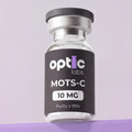 A clear vial labeled Optic Labs MOTS-C 10mg / 40mg stands upright on a light purple background. The label features black, white, and purple text, emphasizing this peptide’s high purity for advanced metabolic health research. Optic Labs Au