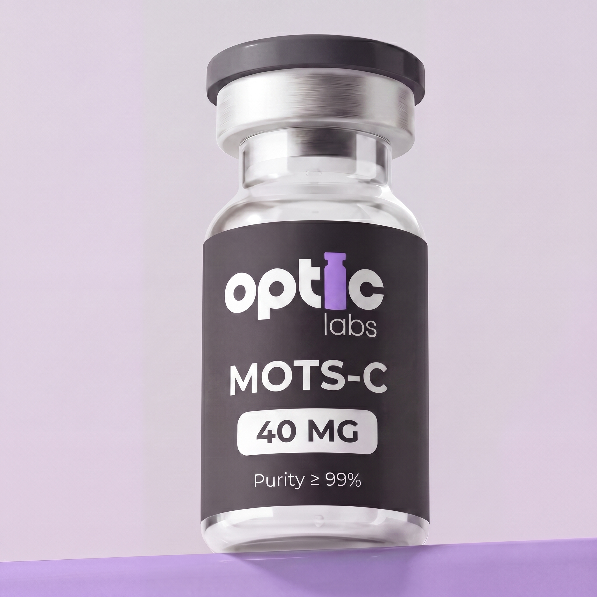 A clear vial labeled Optic Labs MOTS-C 10mg/40mg, noted for its ≥99% purity and metabolic health benefits, sits on a purple surface with a light purple background. Optic Labs Au