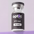A clear vial labeled Optic Labs PT-141 10mg is shown against a light purple background, emphasizing this high-purity peptide. Optic Labs Au