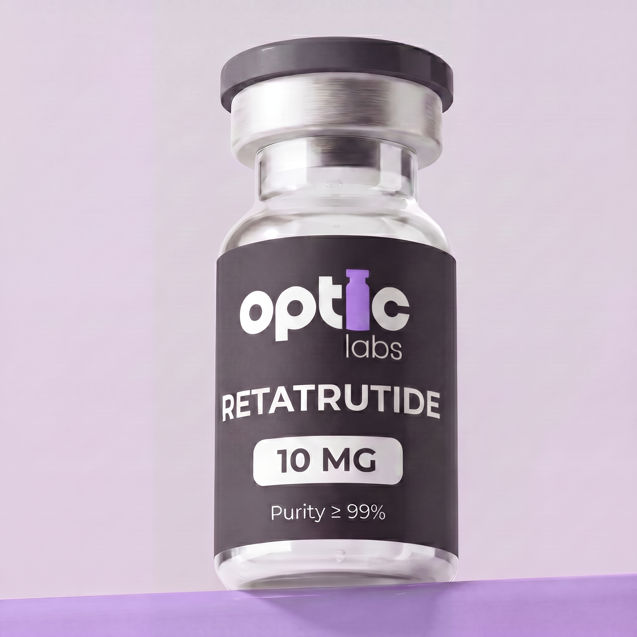 A small glass vial labeled Optic Labs Retatrutide (5mg–30mg) sits on a purple surface with a light purple background. The vial has a silver cap and a black label featuring white and purple text. Optic Labs Au