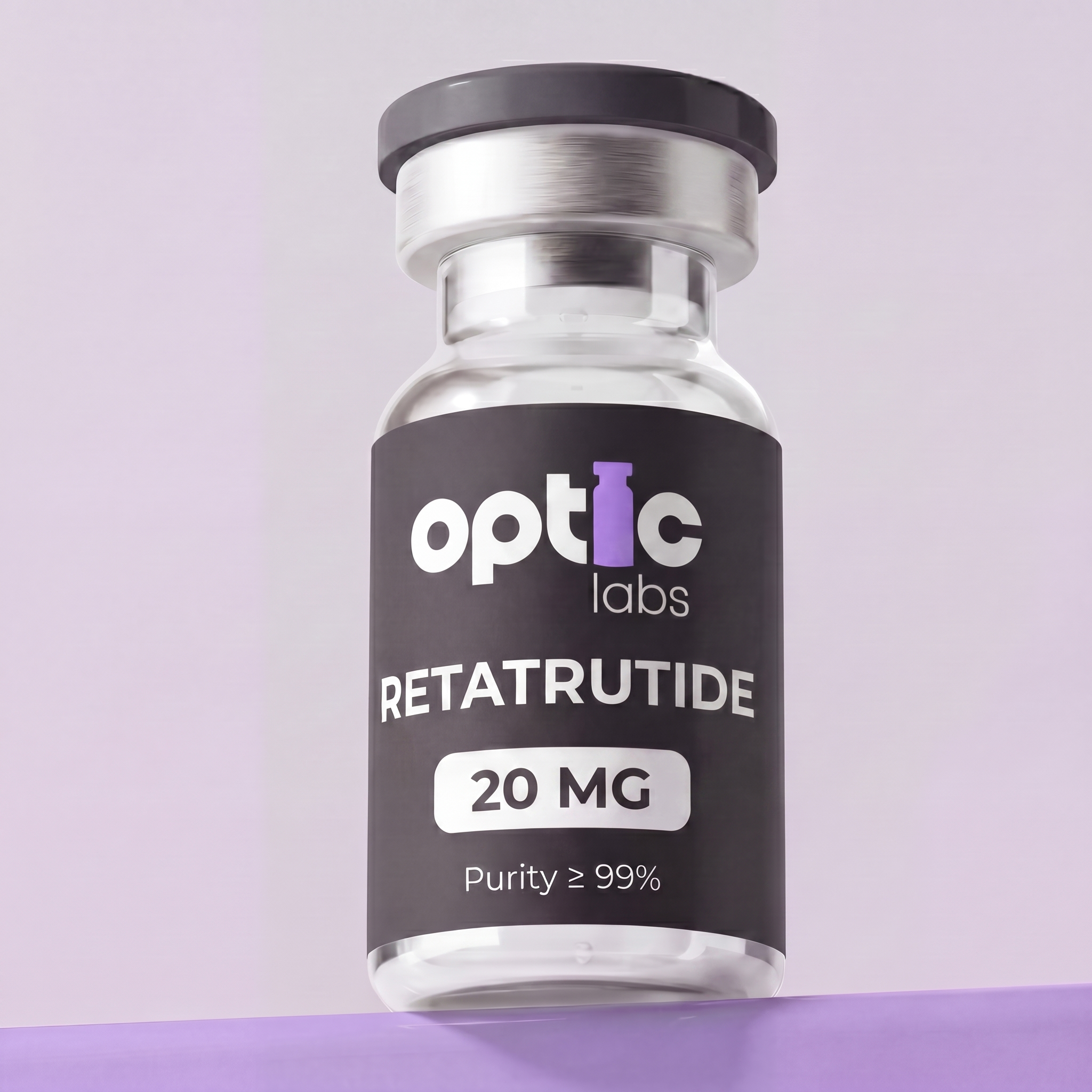 A clear glass vial labeled Optic Labs Retatrutide 5mg / 10mg / 15mg / 20mg / 30mg (Purity ≥99%) sits on a purple surface with a light purple background. Optic Labs Au