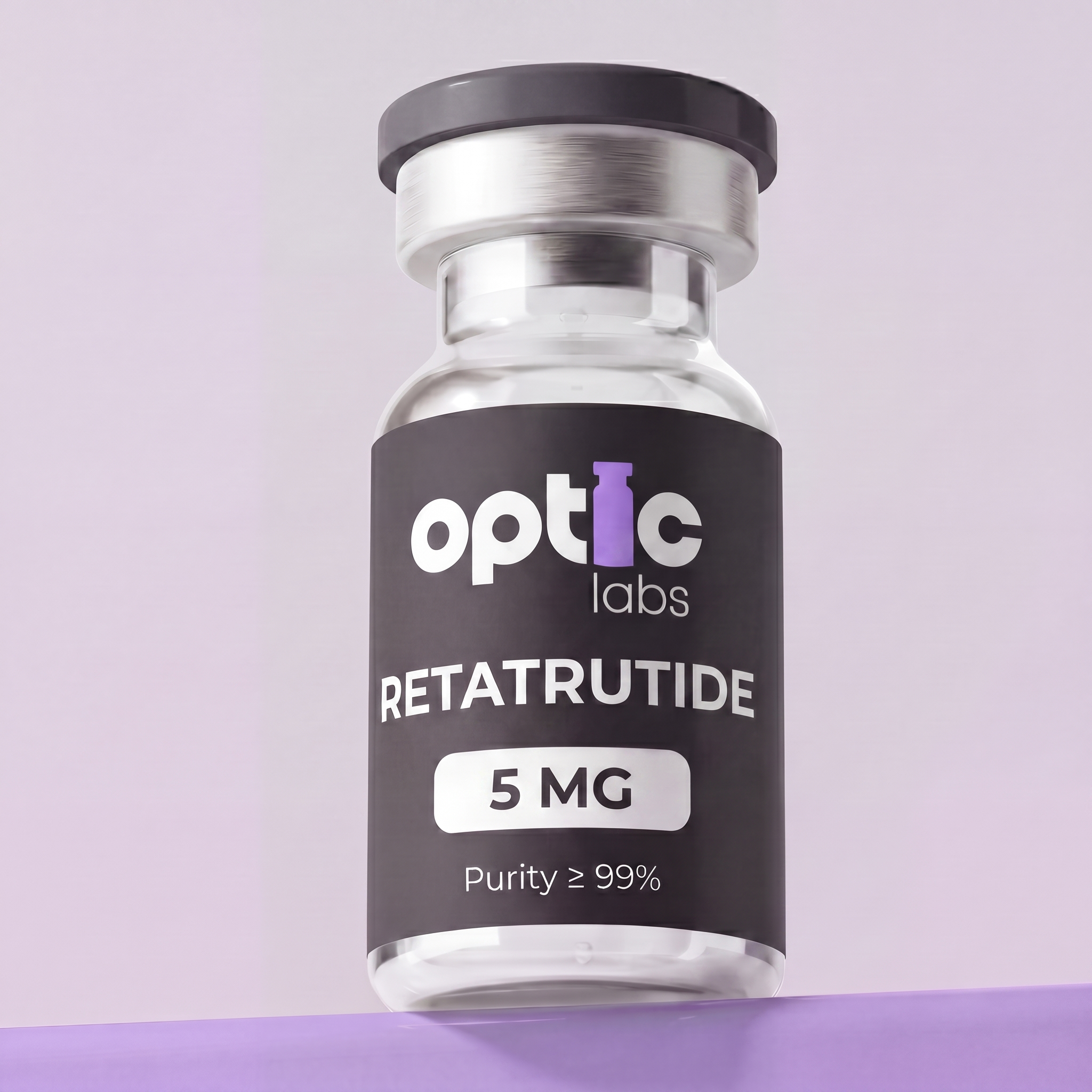 A vial of Optic Labs Retatrutide (5mg/10mg/15mg/20mg/30mg), labeled with purity ≥99%, stands against a light purple background. The black and white label features bold text emphasizing this lab-tested product. Optic Labs Au