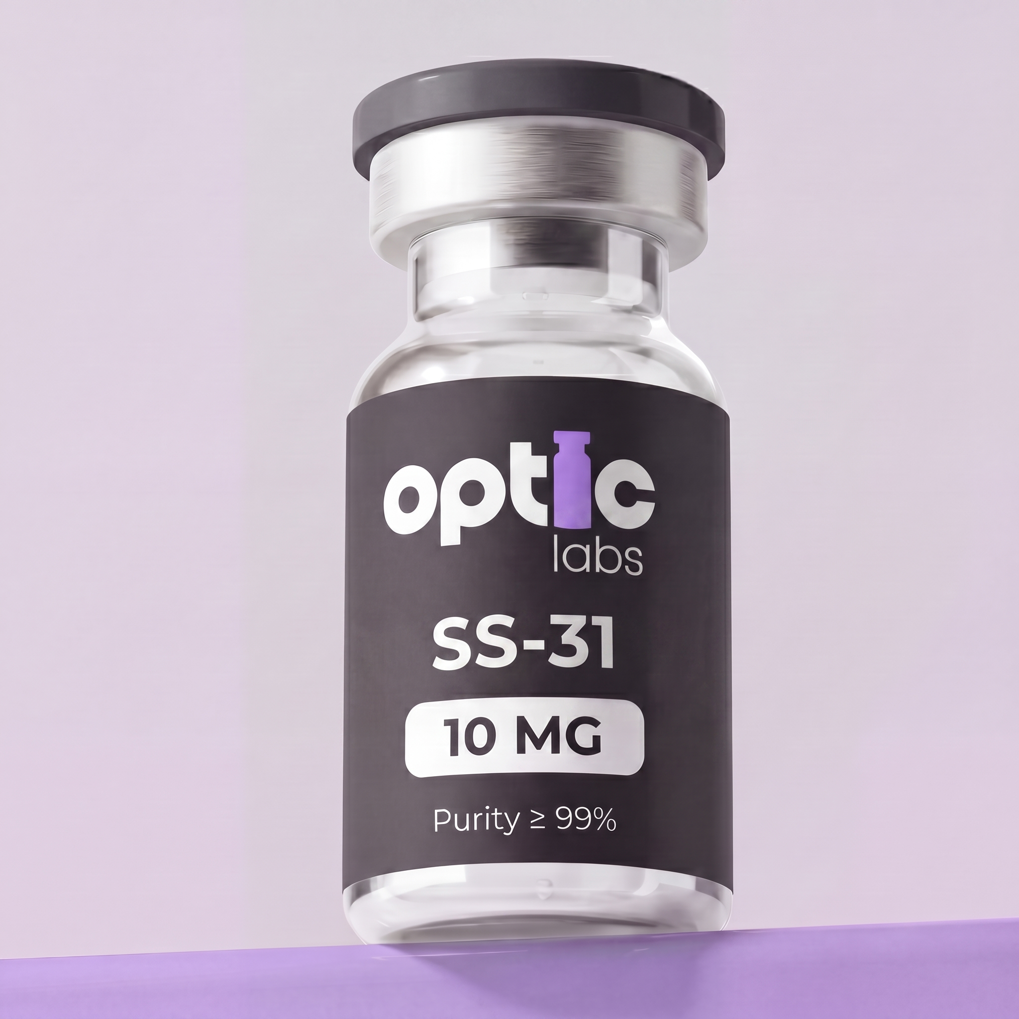 A small glass vial labeled Optic Labs SS-31 10mg (Purity ≥99%) with a black and white label displays high-purity, mitochondria-targeted SS-31 peptide, set on a light purple background. Optic Labs Au