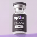 A clear vial labeled Optic Labs TB-500 5mg sits on a purple surface with a black and purple design, highlighting this advanced tissue repair peptide against a light purple background. Optic Labs Au
