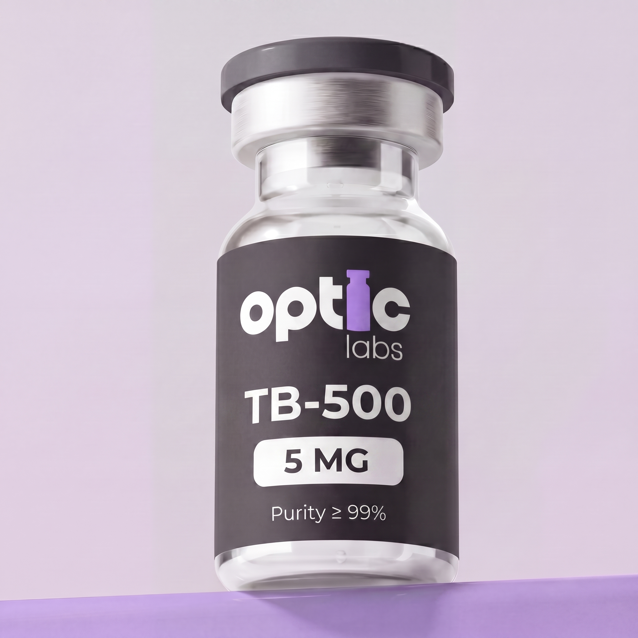 A clear vial labeled Optic Labs TB-500 5mg sits on a purple surface with a black and purple design, highlighting this advanced tissue repair peptide against a light purple background. Optic Labs Au