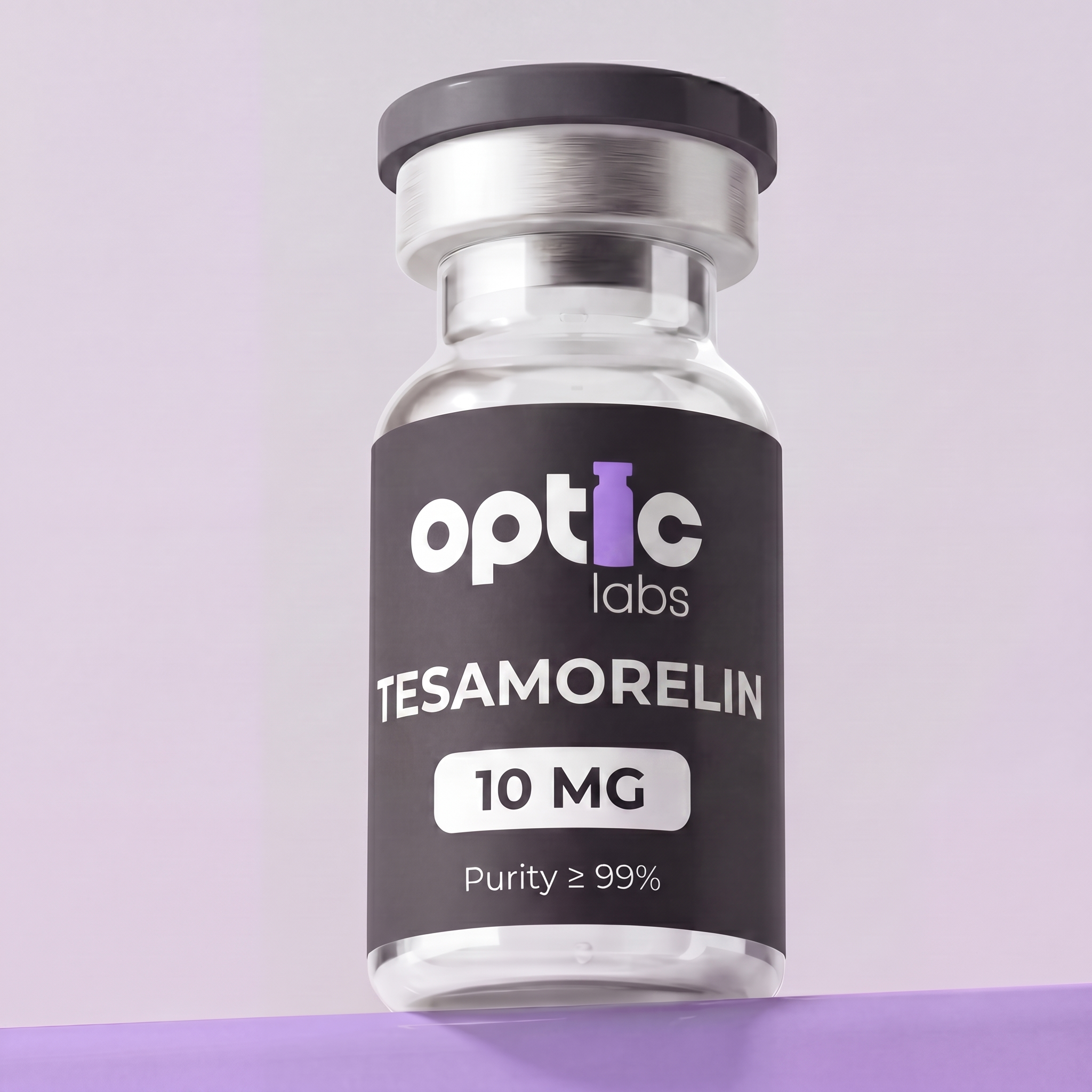 A clear vial labeled Optic Labs Tesamorelin 10mg stands upright on a purple surface against a light purple background, showcasing this peptide product. Optic Labs Au