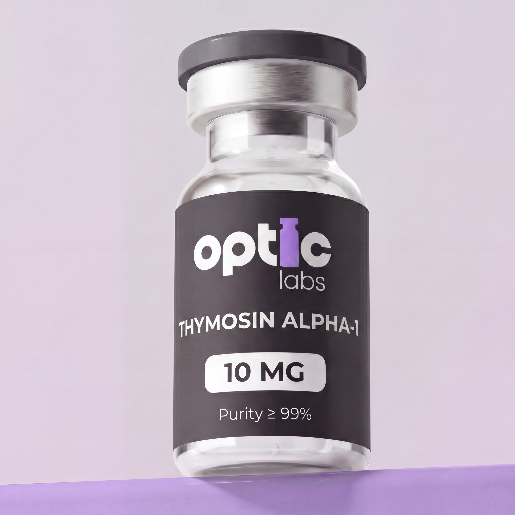 A clear glass vial labeled "Optic Labs Thymosin Alpha-1 10mg," featuring ≥99% purity, sits against a soft purple background to highlight this immune-support peptide. Optic Labs Au