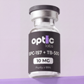 A glass vial labeled Optic Labs BPC-157 + TB-500 10mg / 20mg, featuring a silver cap and set against a light purple background. Optic Labs Au