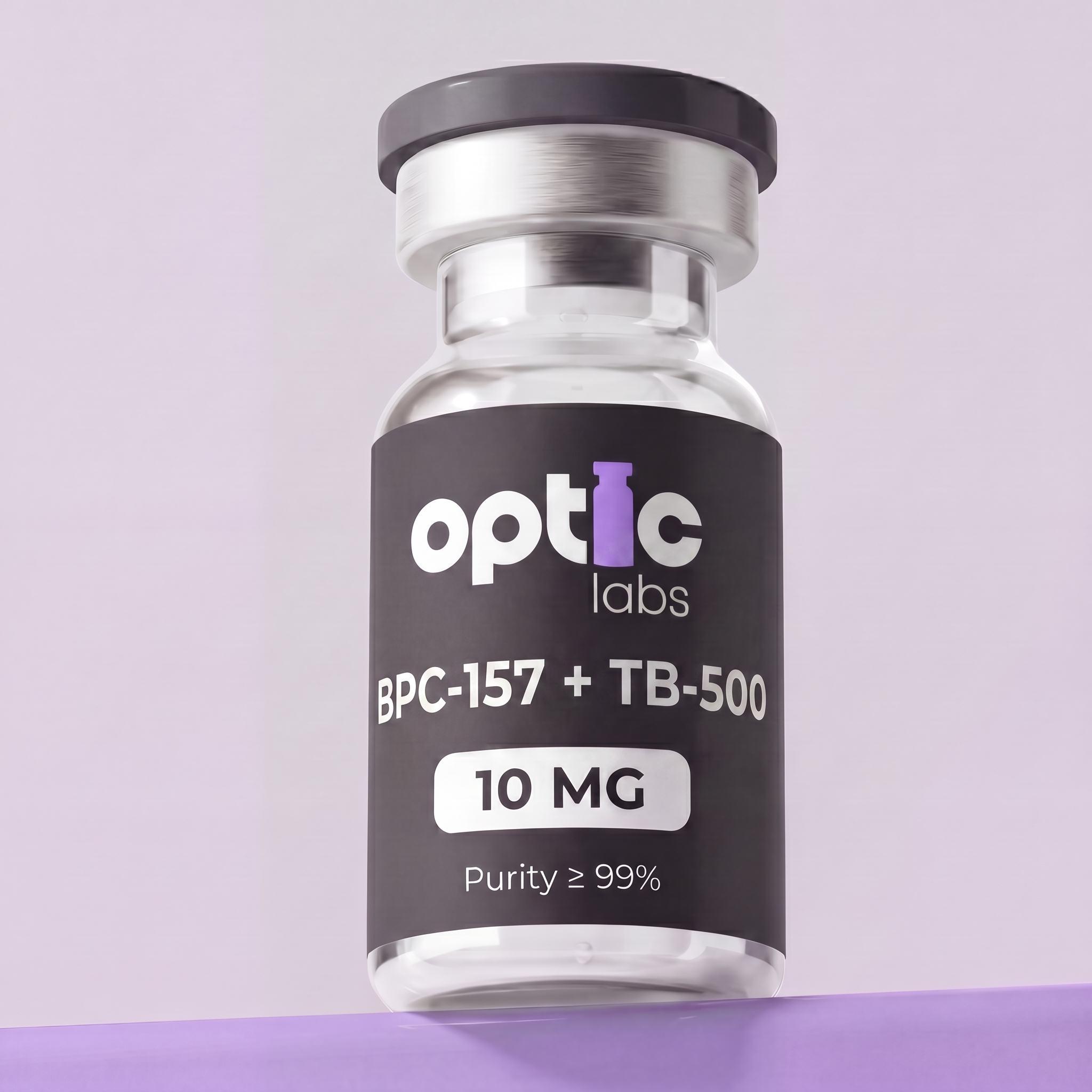 A glass vial labeled Optic Labs BPC-157 + TB-500 10mg / 20mg, featuring a silver cap and set against a light purple background. Optic Labs Au