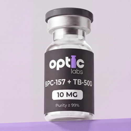 A glass vial labeled Optic Labs BPC-157 + TB-500 10mg / 20mg, featuring a silver cap and set against a light purple background. Optic Labs Au