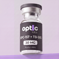 A clear vial of Optic Labs BPC-157 + TB-500 10mg/20mg, Purity ≥99%, with a black and purple label, is shown against a light purple background. Optic Labs Au