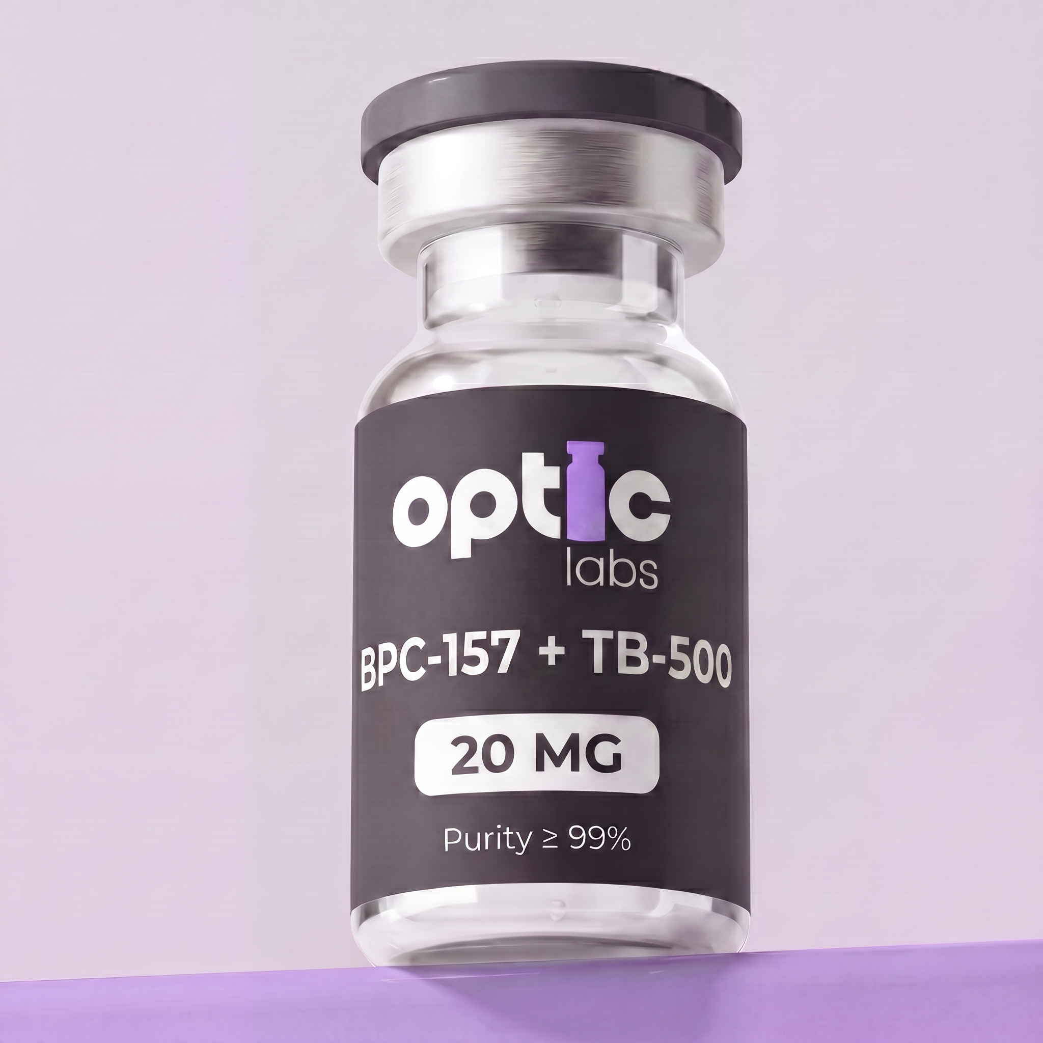 A clear vial of Optic Labs BPC-157 + TB-500 10mg/20mg, Purity ≥99%, with a black and purple label, is shown against a light purple background. Optic Labs Au